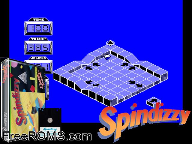 Spindizzy (UK) (1986) [t1] Amstrad CPC game showing 3D box cover and gameplay screenshot